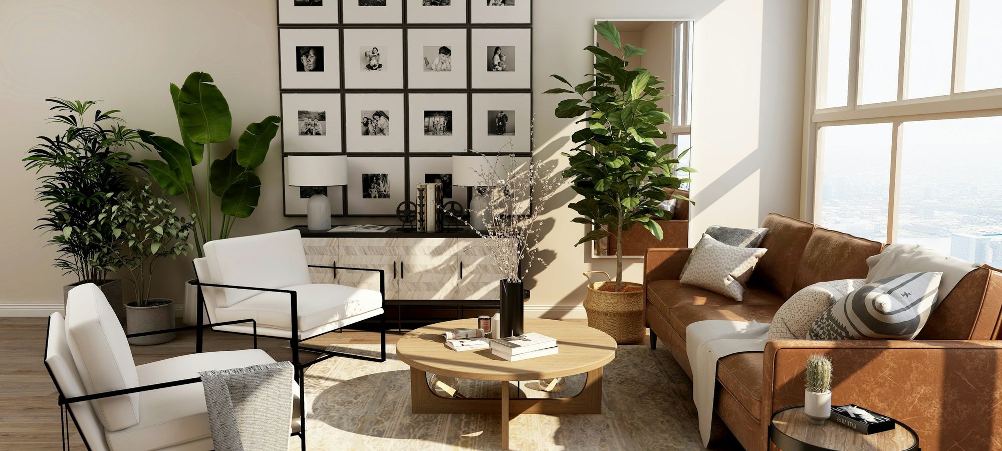 Salón luminoso de una vivienda en alquiler con sofá de piel y plantas